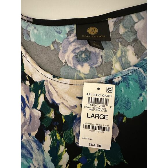 NWT New Women L JM Collection Floral Black 1/2 bell sleeve blouse tunic top - Picture 2 of 12